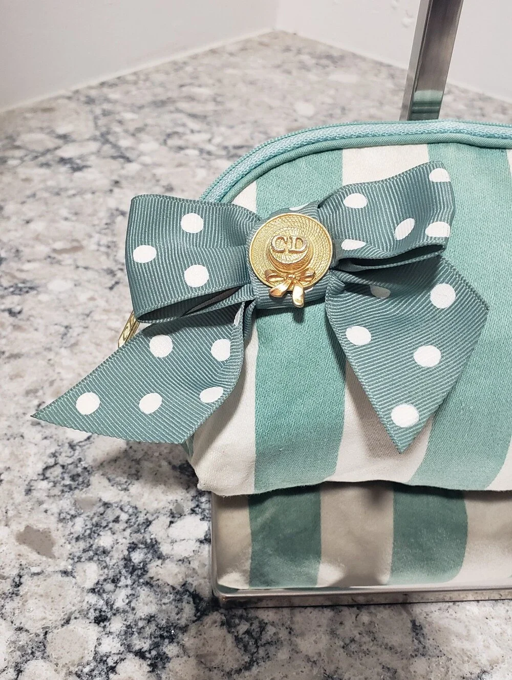 Christian Dior Green Stripe Cosmetic Polka-dot Bow Pouch with Gold Tone CD pin